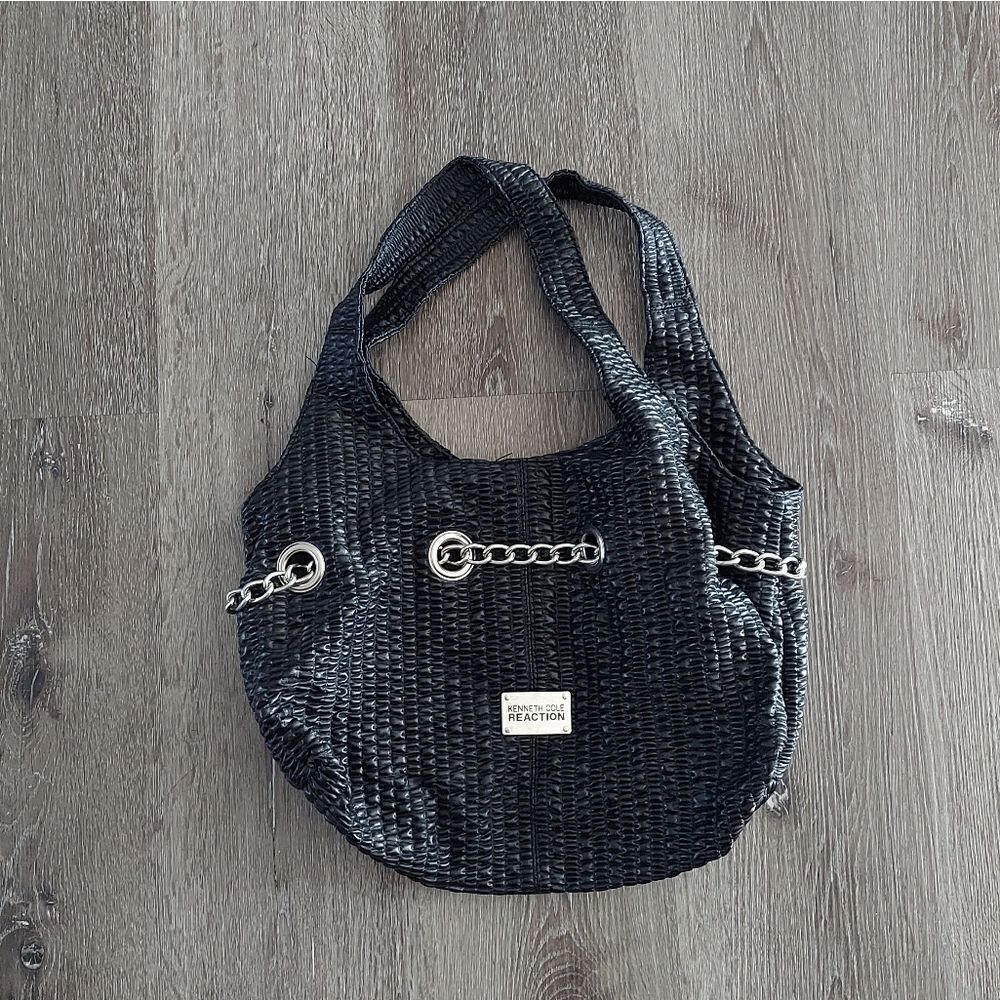 Kenneth Cole Reaction Black Shoulder Hobo Style Bag With Chain Detail